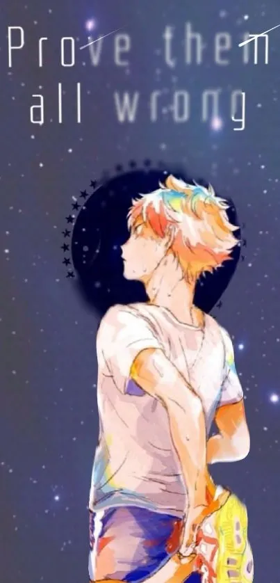 Anime character under starry sky with inspirational text.