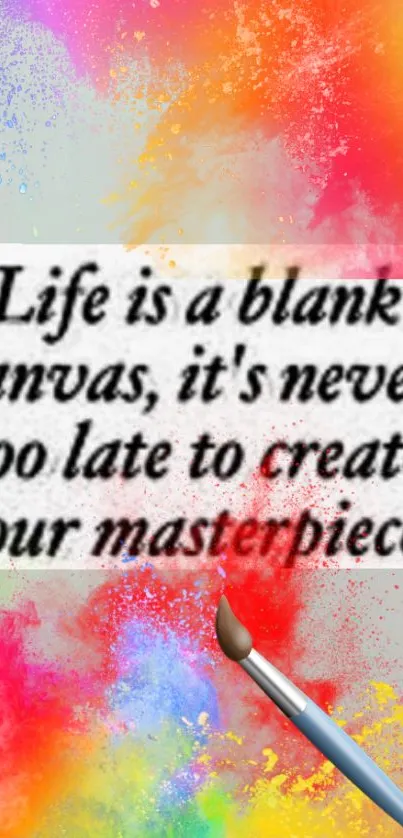 Vibrant artistic wallpaper with inspirational quote and paintbrush.