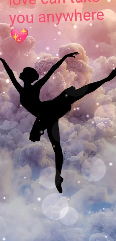 Silhouette of a ballerina dancing against a cloudy pink sky background.