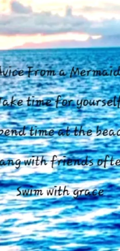 Inspirational beach wallpaper with mermaid quote in blue hues.