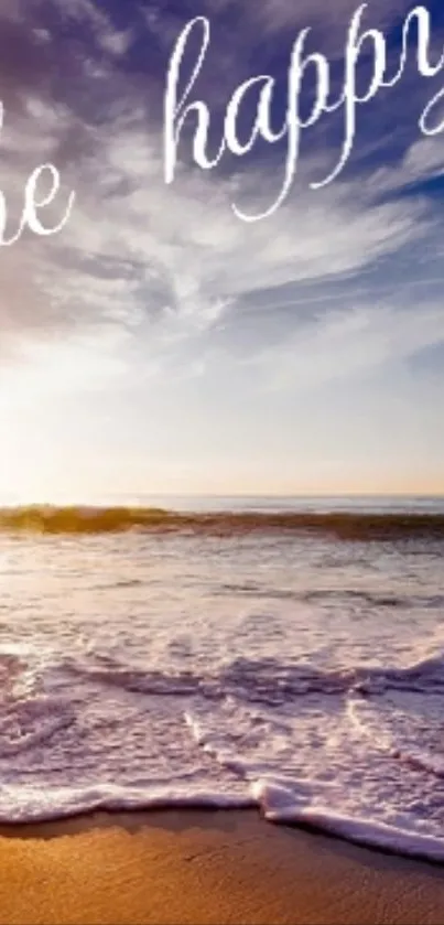 Beach view with sunset and 'be happy' text, conveying serenity and inspiration.