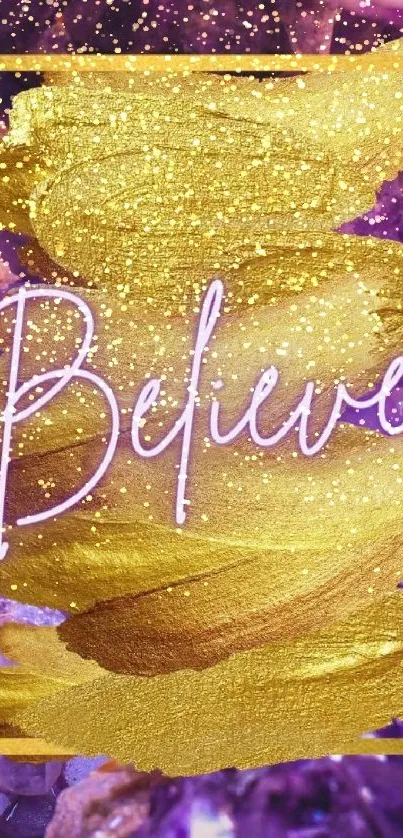 Inspirational mobile wallpaper with gold brushstroke and 'Believe' text.