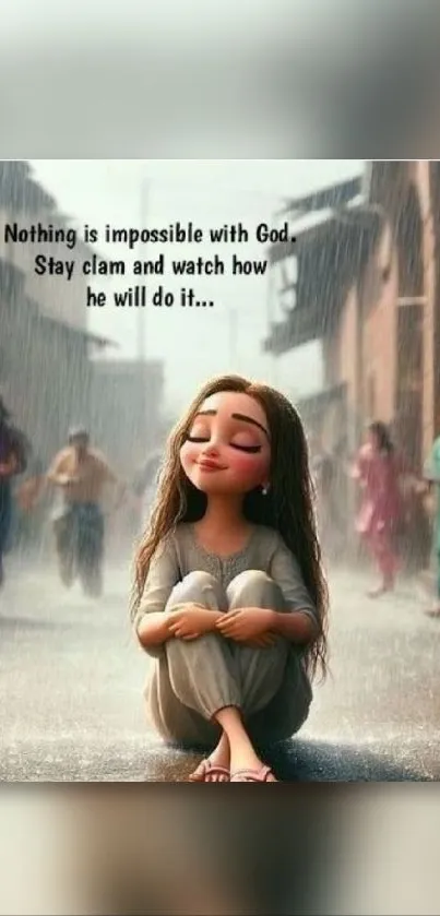 Inspirational cartoon girl sitting in rain with motivational text.