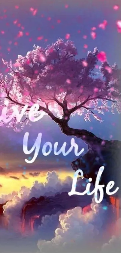 Cherry blossom tree with 'Live Your Life' text on colorful background.