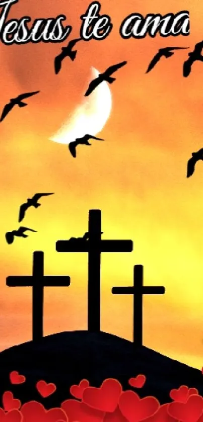 Inspirational Christian wallpaper with crosses, hearts, and flying birds at sunset.