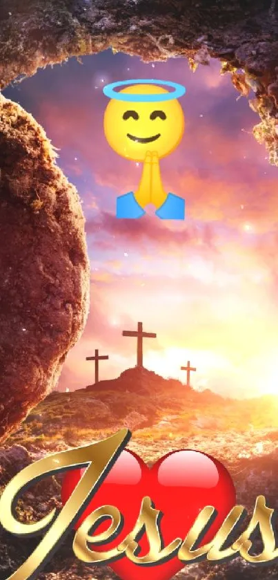 Christian wallpaper with Jesus, Cross, sunset, and heavenly emoji.