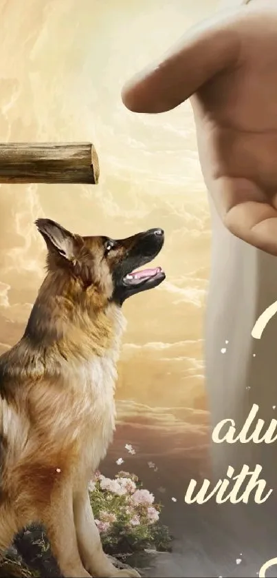 Christian wallpaper featuring a cross, a dog, and a guiding hand.