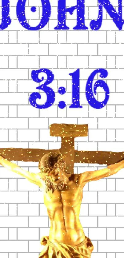 John 3:16 wallpaper with golden crucifix on white brick background.