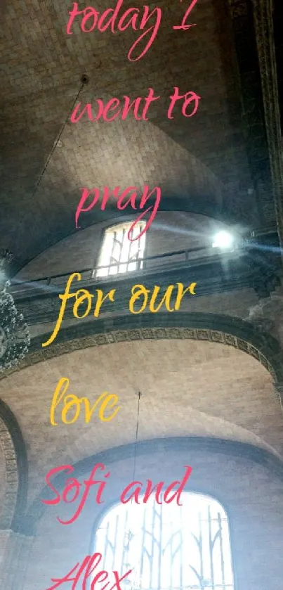 A church ceiling with inspirational text and soft lighting.