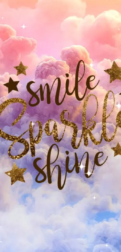 Pastel clouds with 'Smile Sparkle Shine' text in gold.