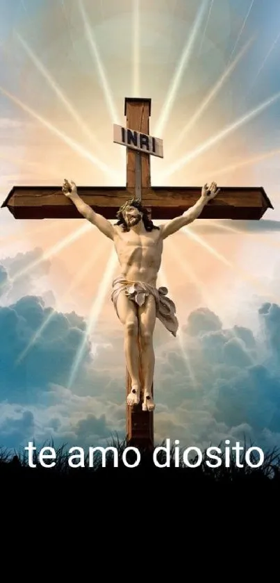 Inspirational cross with radiant sunset and clouds in a spiritual wallpaper.