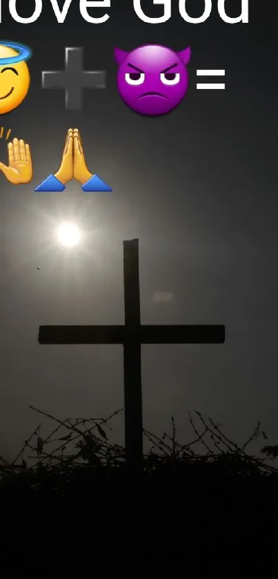 Silhouette of cross at sunset with emojis expressing faith.