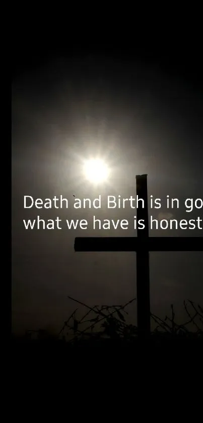 Silhouette of a cross with an inspirational quote on a dark sky background.