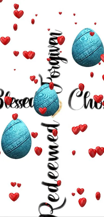 Decorative cross with words and blue stones surrounded by red hearts on a white background.