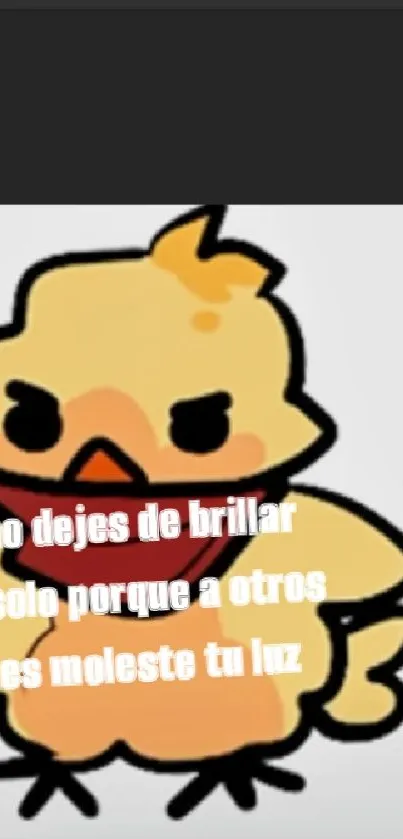 Cute cartoon chick with an inspiring Spanish quote in bold letters.