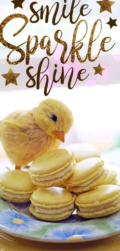 Cute chick with yellow macarons on a decorative plate.