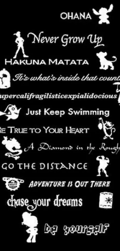 Disney quotes wallpaper with iconic phrases on black background.