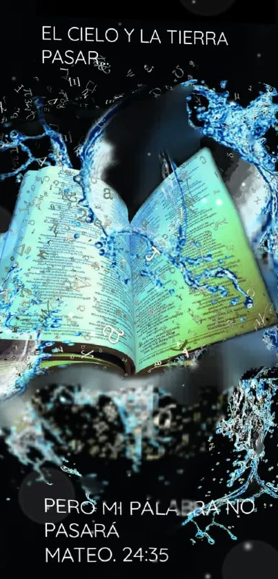 Open Bible with flowing water graphic design.