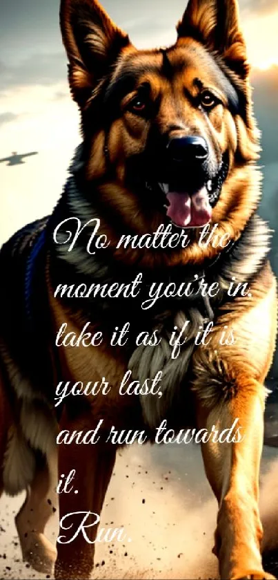 German Shepherd running with inspiring quote in dramatic scenery.