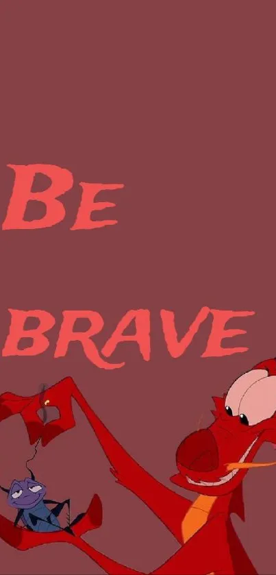 Vibrant cartoon dragon holding cricket with 'Be Brave' text.