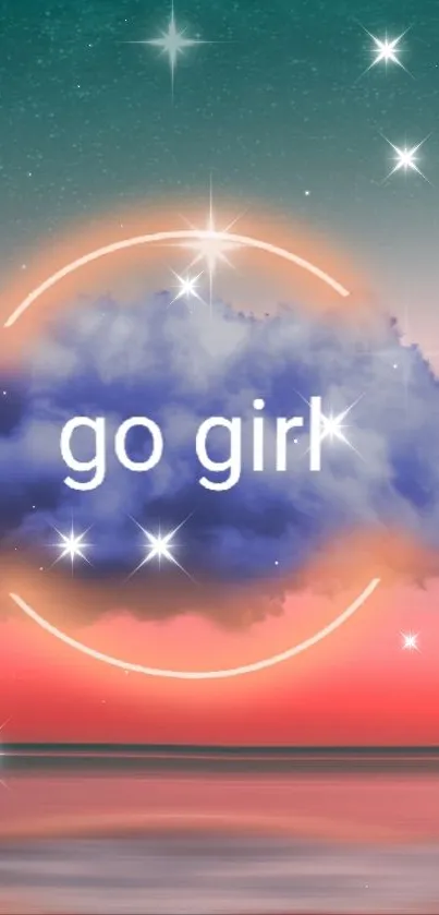 Dreamy pink and teal cloud with 'go girl' text in a starry sky.