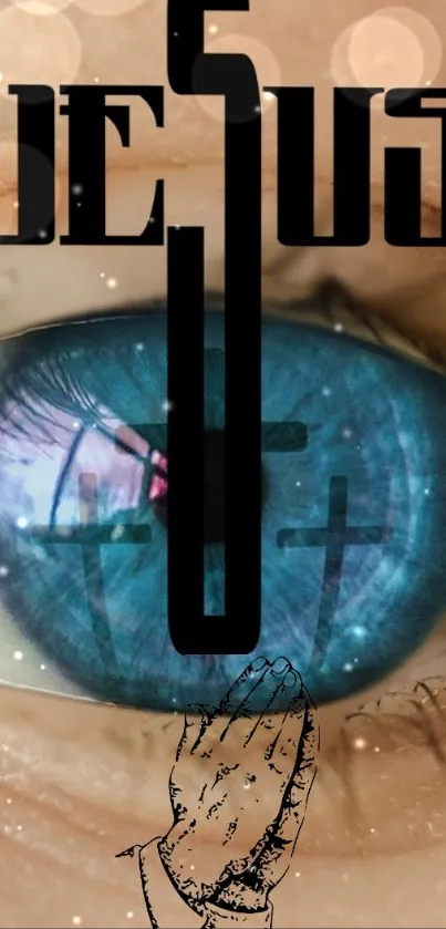 Blue eye with crosses and hands in prayer, symbolizing faith.