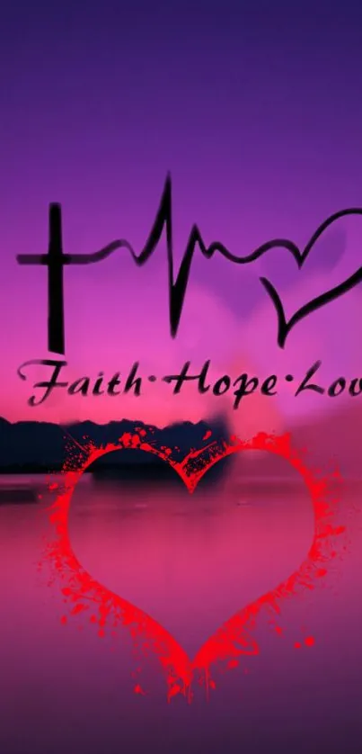 Inspirational wallpaper with faith, hope, and love symbols on a purple background.