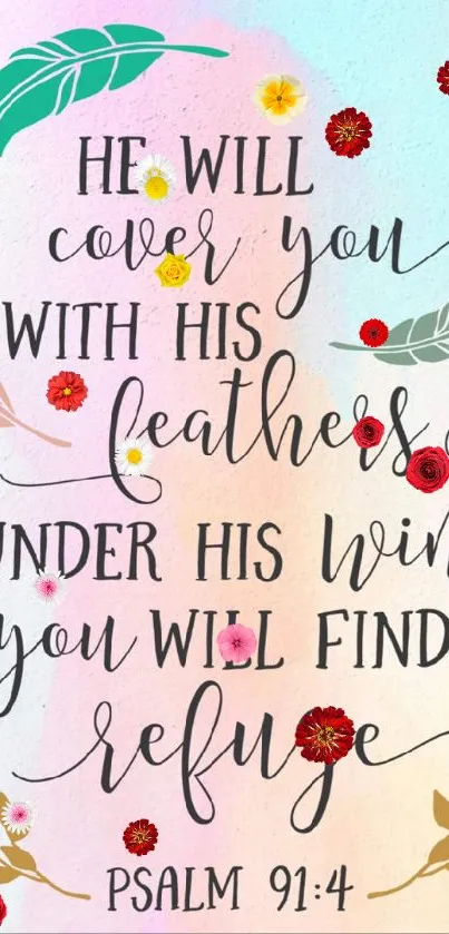 Inspirational Psalm 91:4 quote with colorful feathers and pastel background.