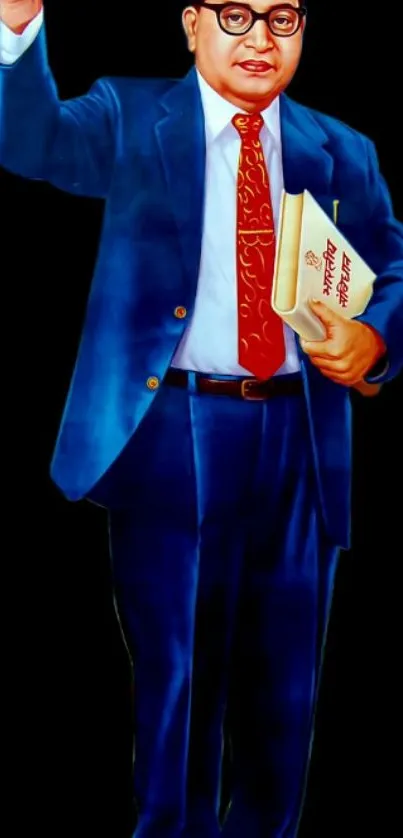 Renowned figure in a blue suit holding a book with a black background.