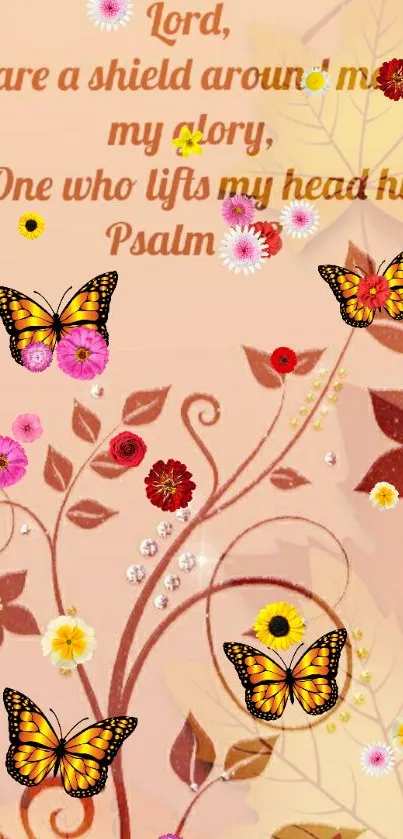 Peach floral background with butterflies and Psalm verse.