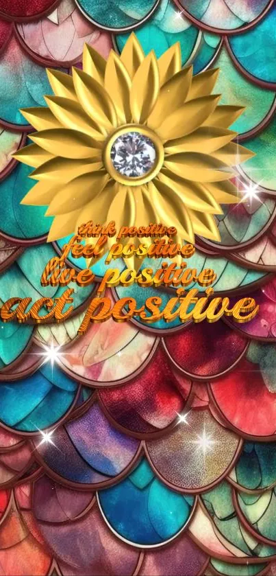 Vibrant sunflower on colorful floral pattern with positive text.