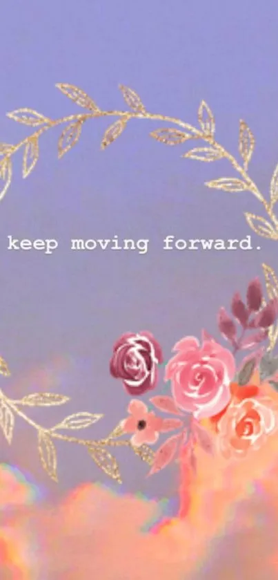 Lavender mobile wallpaper with floral wreath and 'keep moving forward' text.