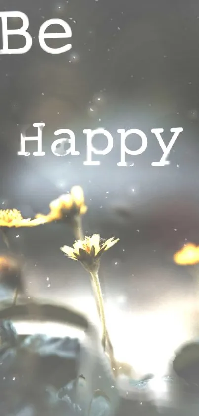 Inspirational wallpaper with yellow flowers and 'Be Happy' text.