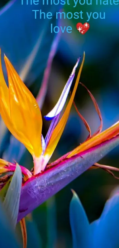 Vibrant bird of paradise flower with an inspirational quote on a blue background.