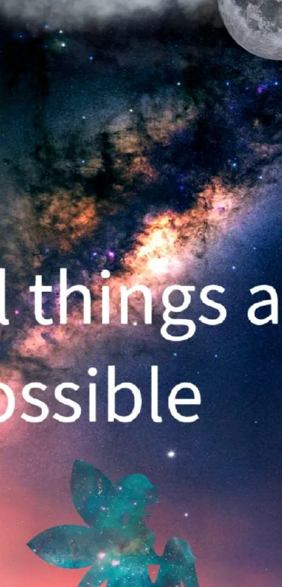 Inspirational galaxy wallpaper with 'all things are possible' quote in fantasy design.