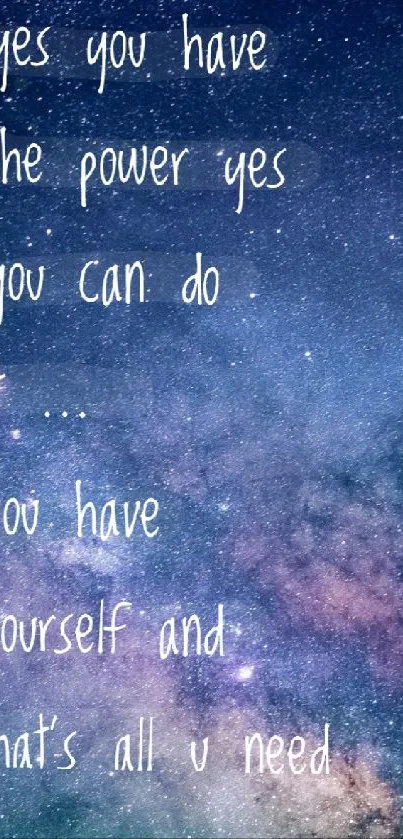 Galaxy-themed mobile wallpaper with an inspirational quote against a starry night background.