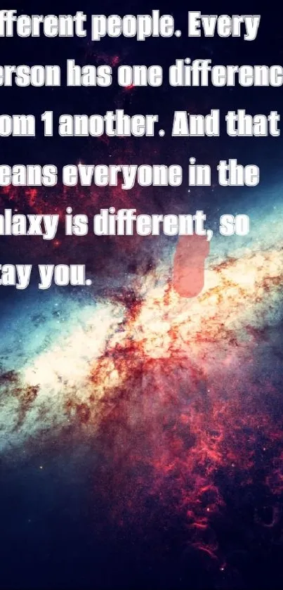 Galaxy wallpaper with inspirational quote and cosmic background.