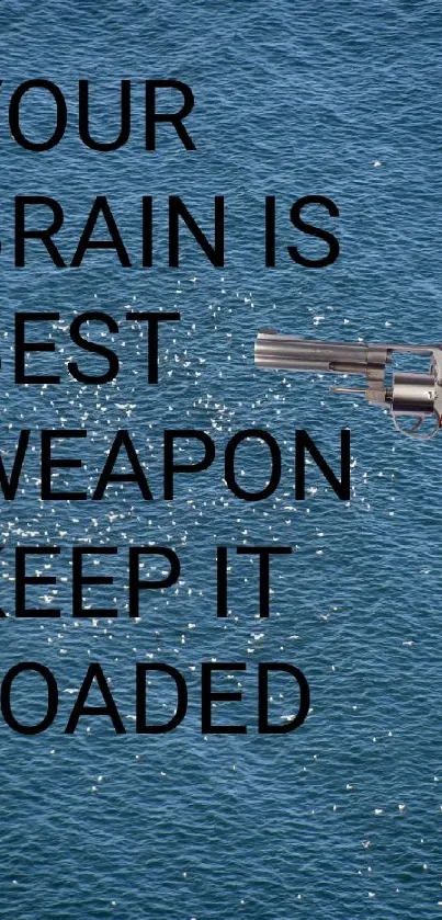 Inspirational phone wallpaper with ocean and gun graphic.