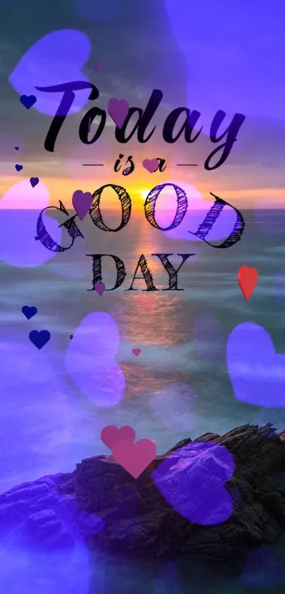 Inspirational ocean sunset with floating hearts and quote 'Today is a good day'.