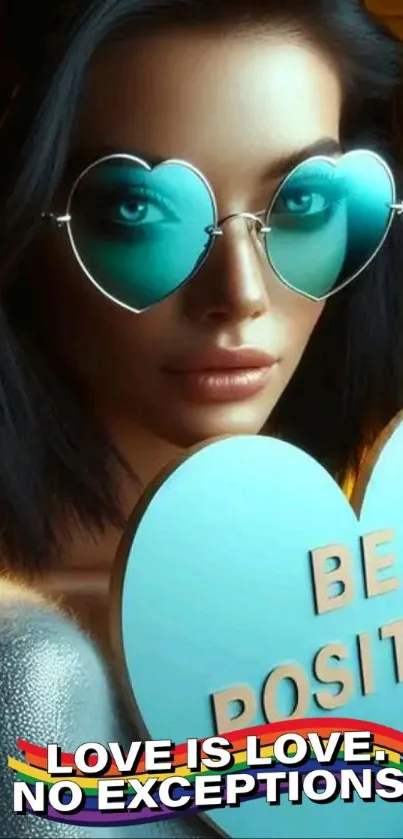 Woman wearing heart-shaped sunglasses with a positive message sign.