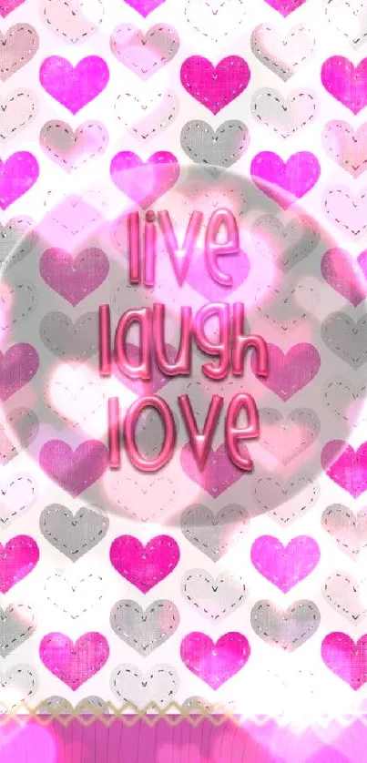 Mobile wallpaper with pink hearts and 'live laugh love' text.