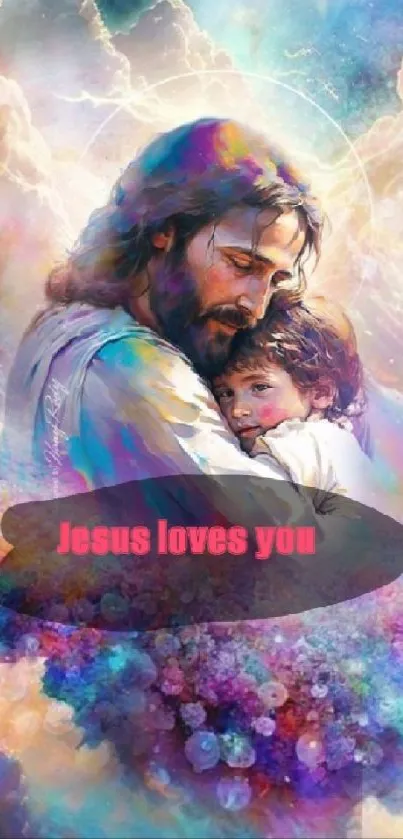 Colorful Jesus and child embrace mobile wallpaper