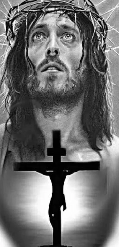 Black and white drawing of Jesus with a crown of thorns and crucifix silhouette.