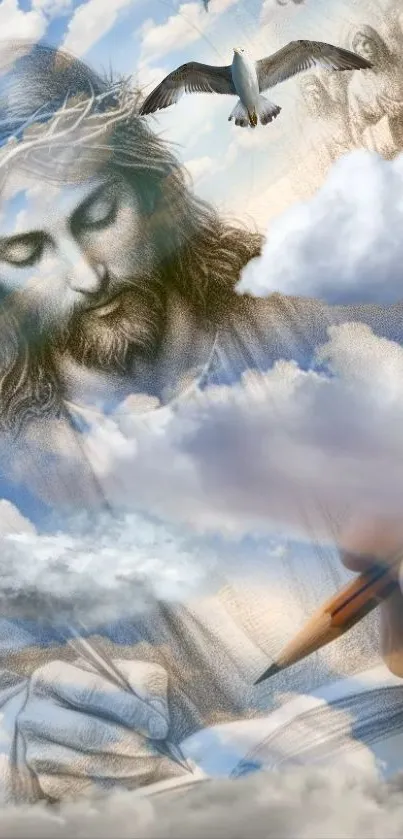 Jesus in serene clouds with artful details and light blue tones.