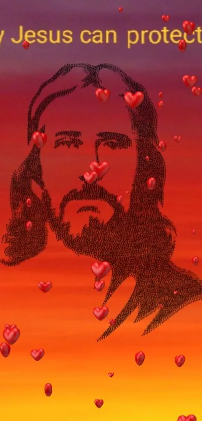 Inspirational Jesus silhouette with hearts on sunset background.