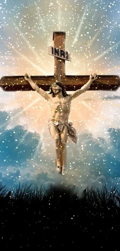 Jesus on the cross with radiant background and celestial sky.