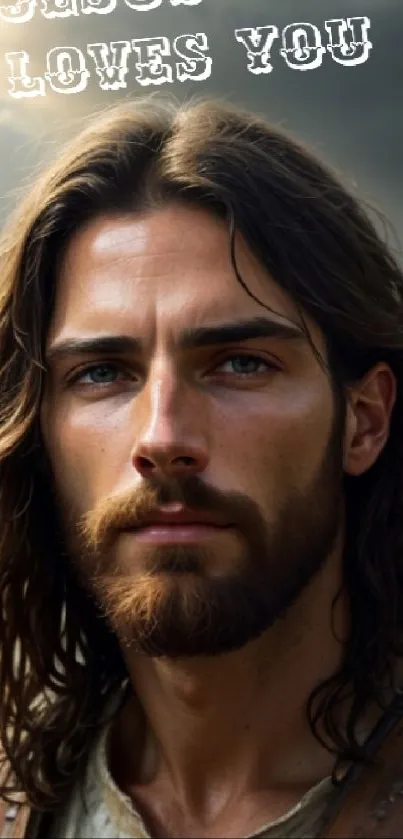 Portrait of Jesus with 'Jesus Loves You' text, serene background.