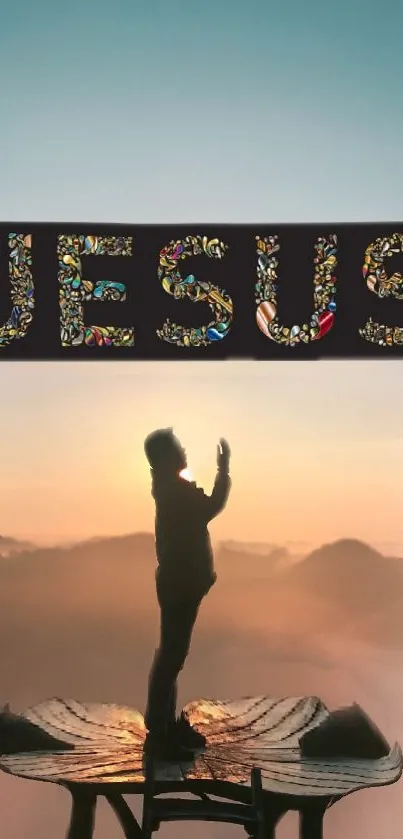 Mobile wallpaper with Jesus silhouette at sunrise.