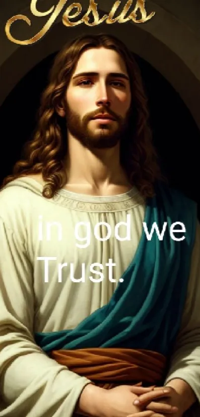 Jesus with 'in God we Trust' text on a spiritual mobile wallpaper.