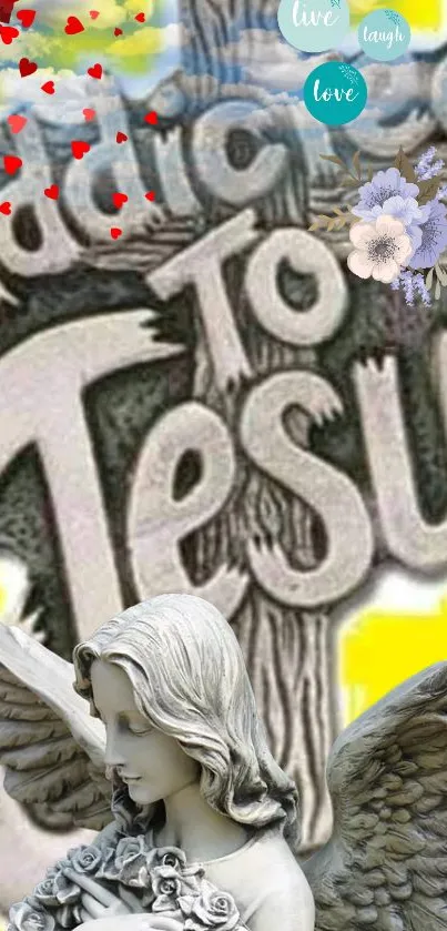 Inspirational Jesus and angel wallpaper with a vibrant yellow background.